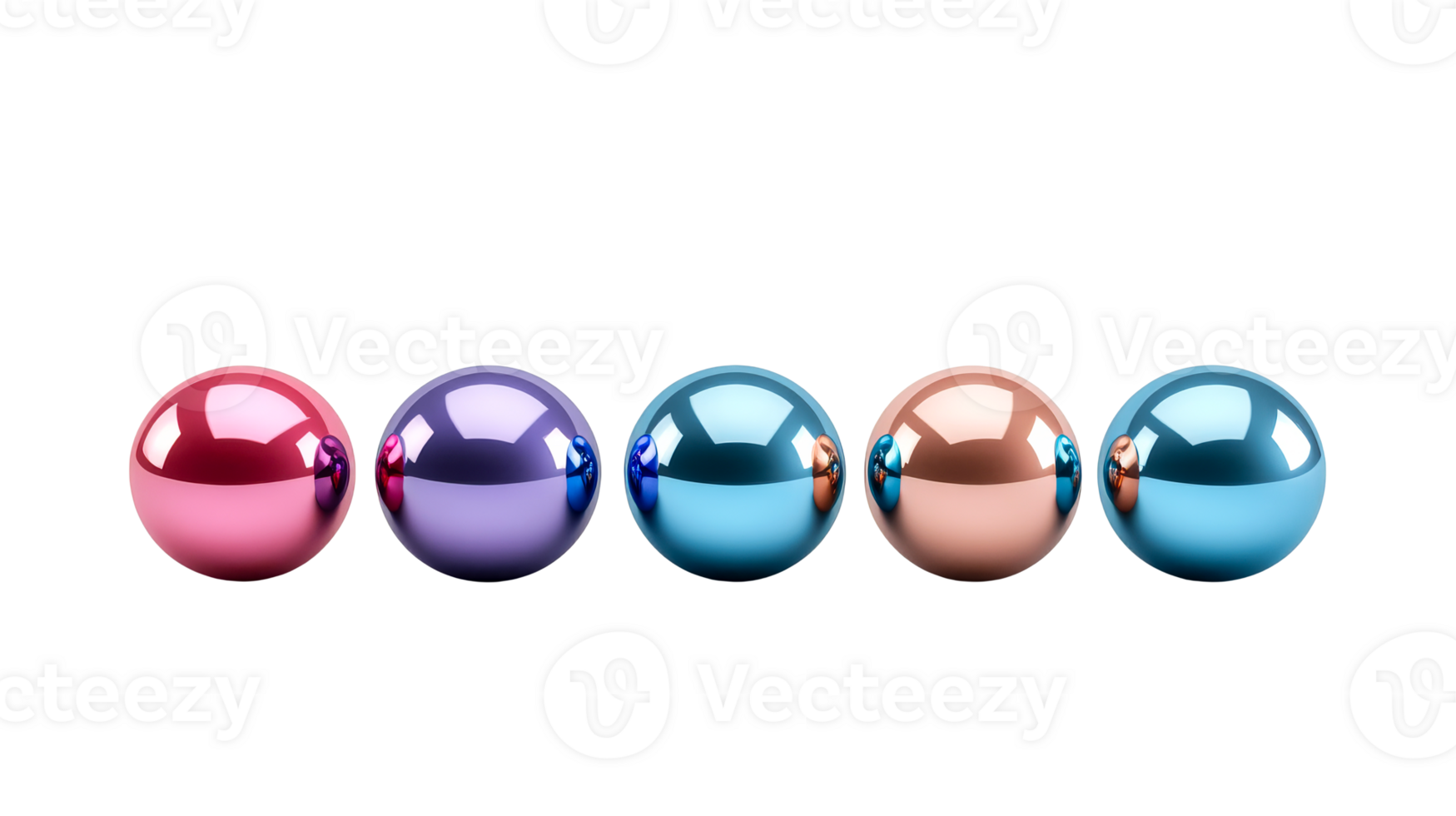 Colorful spheres reflect surroundings, arranged in line, on black, cut out transparent png