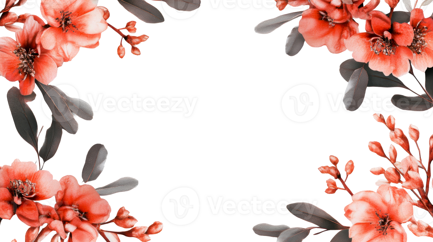 Floral frame with coral flowers and eucalyptus leaves, cut out transparent png