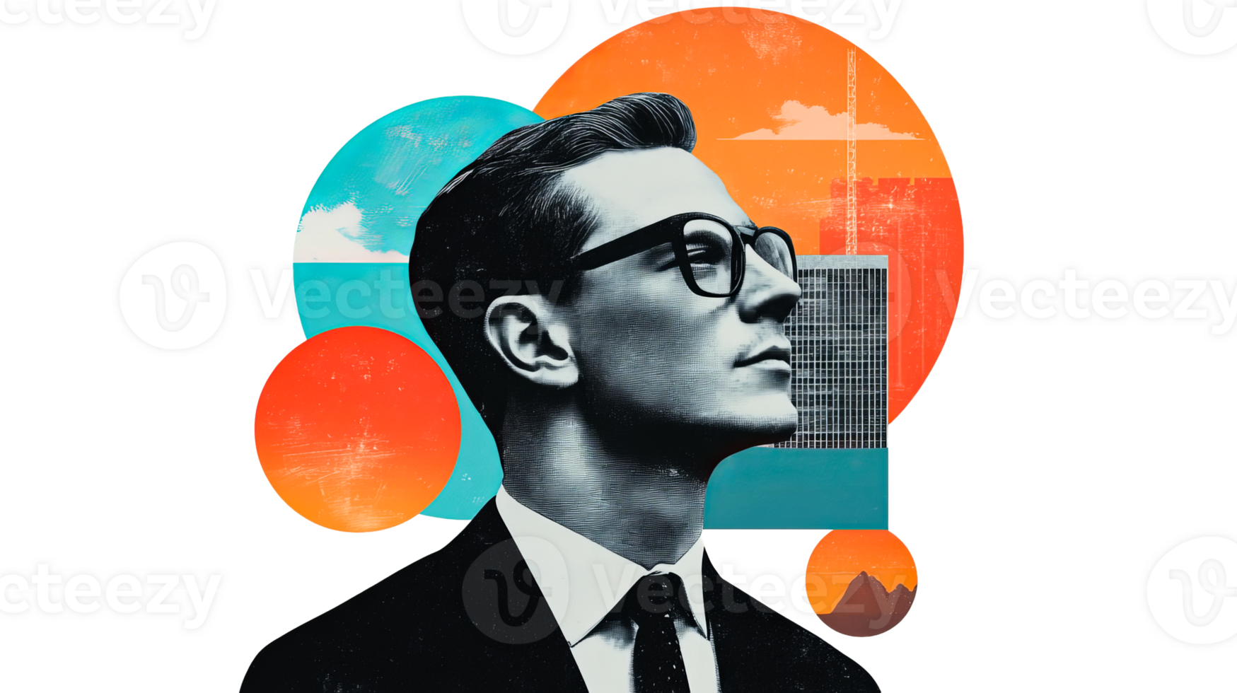 Man portrait with architecture and round shapes collage, cut out transparent png