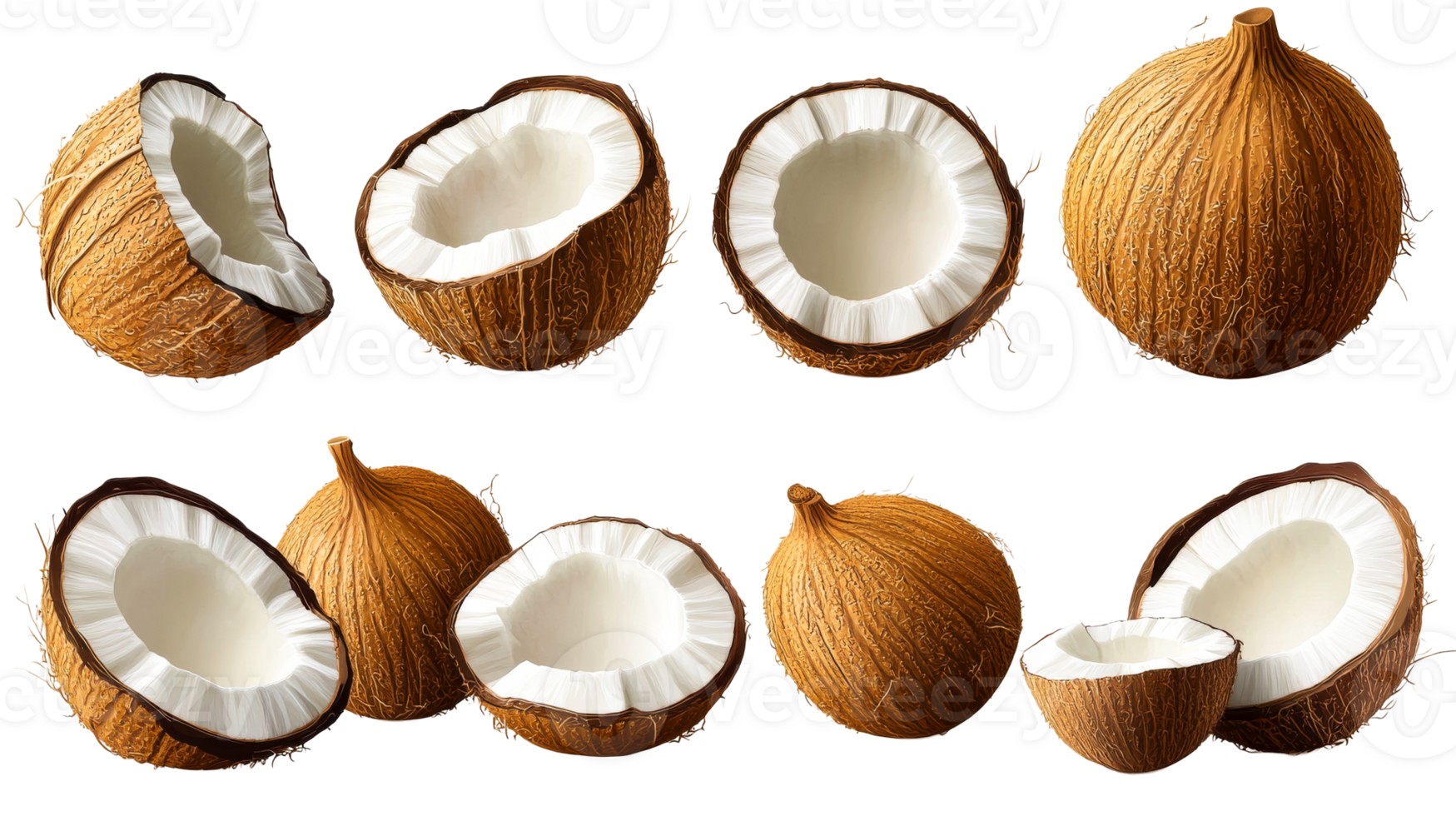 Coconuts, halves and whole, isolated on a black background, cut out transparent png