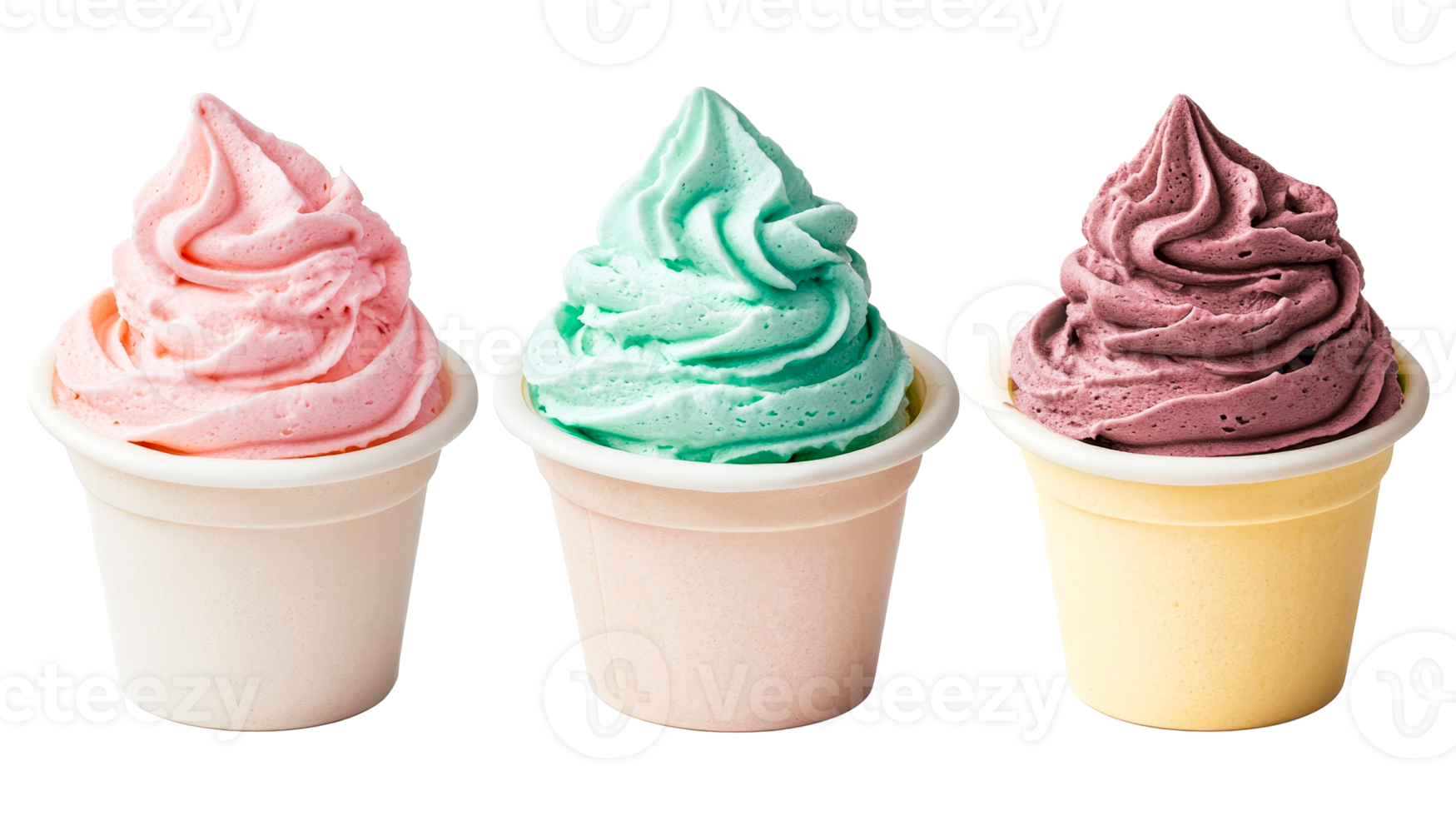 Assorted frozen yogurt in cups, pink, green, purple colors, cut out transparent png