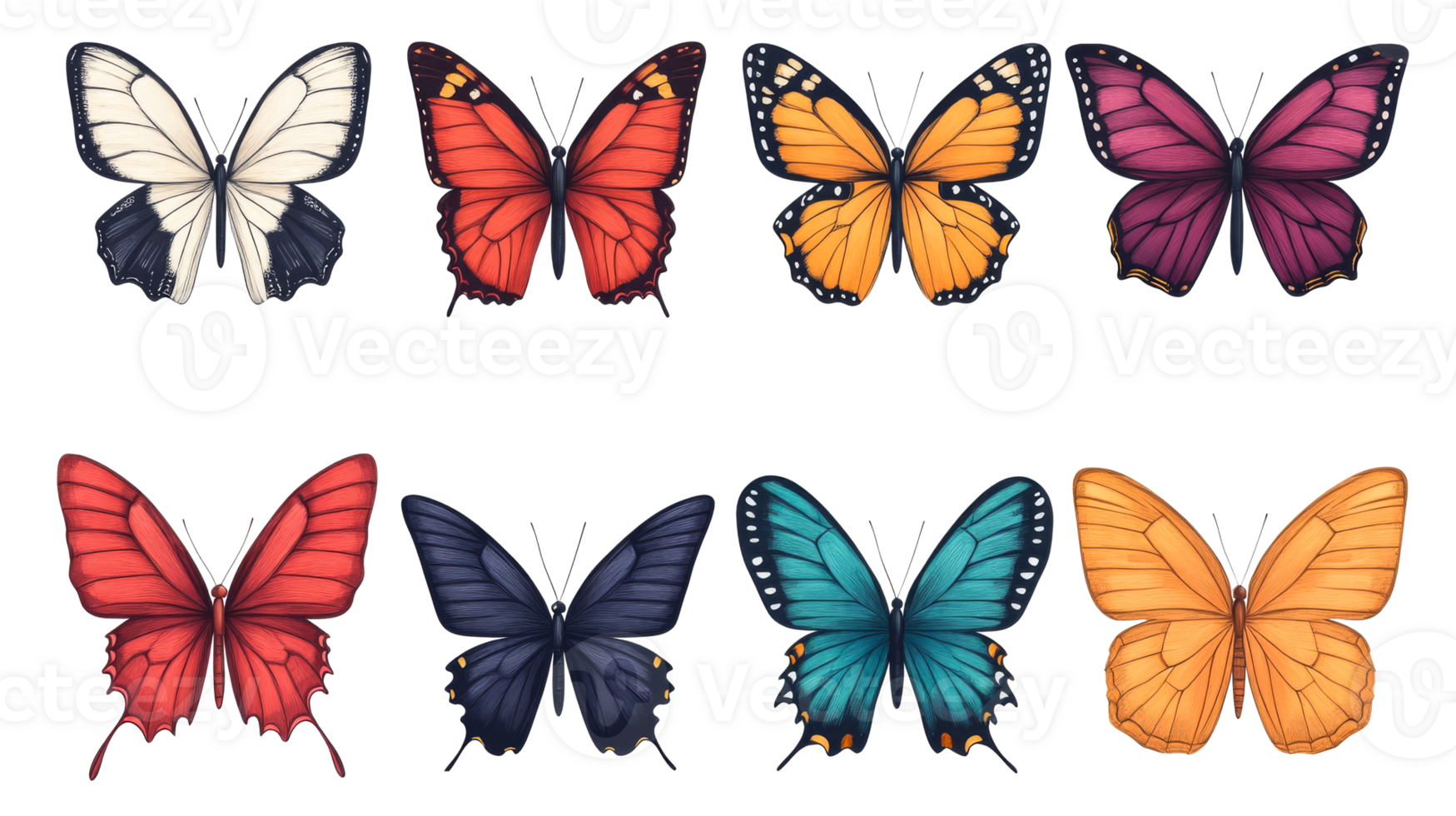 Colorful collection of artistic butterfly illustrations, cut out transparent png