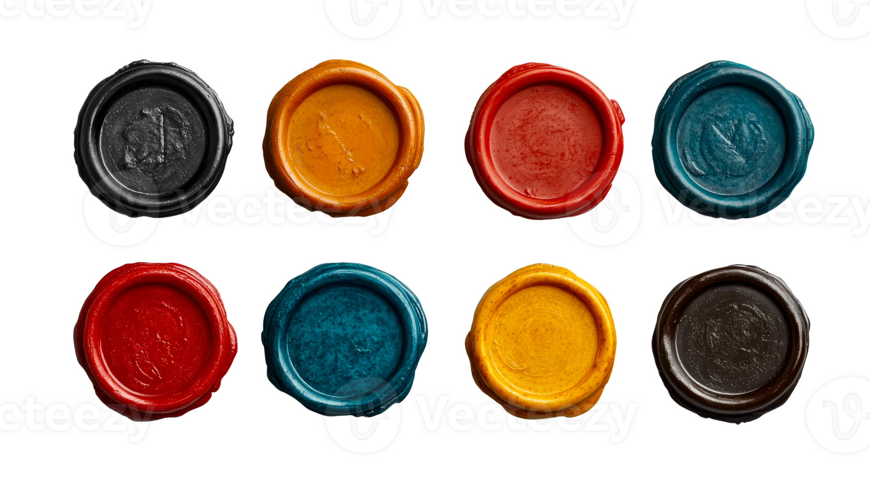 Collection of colorful wax seals on dark background, cut out transparent png