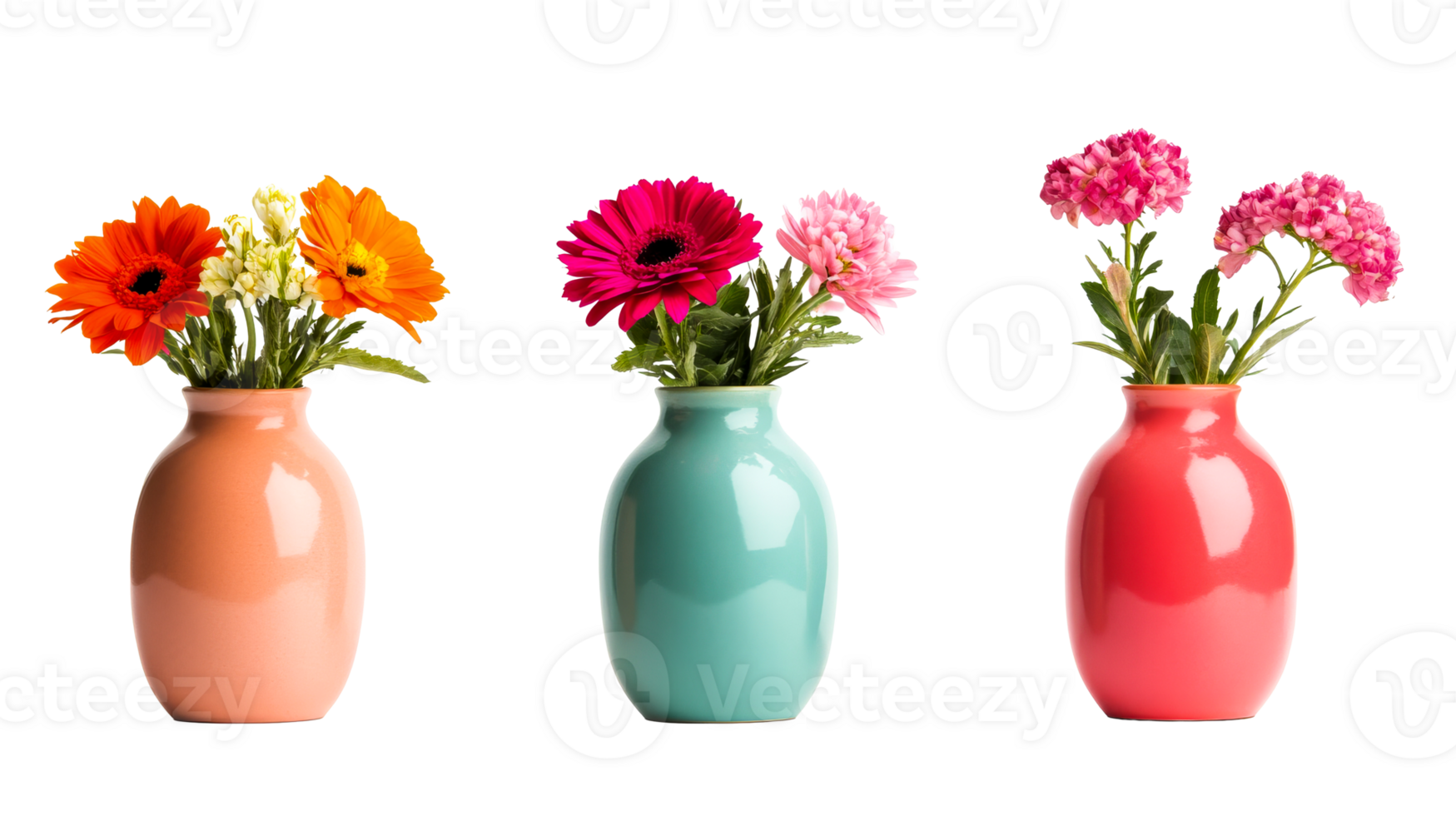 Colorful flowers in vases against black background, cut out transparent png