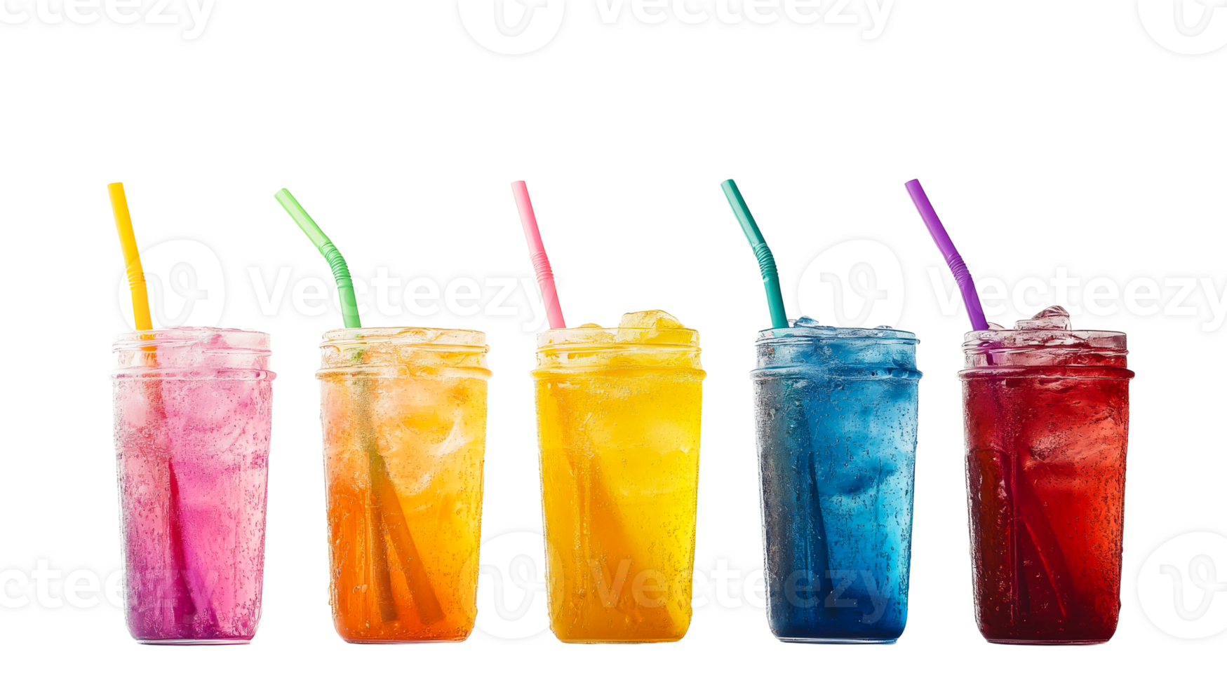 Row of vibrant soft drinks in mason jars with straws, cut out transparent png