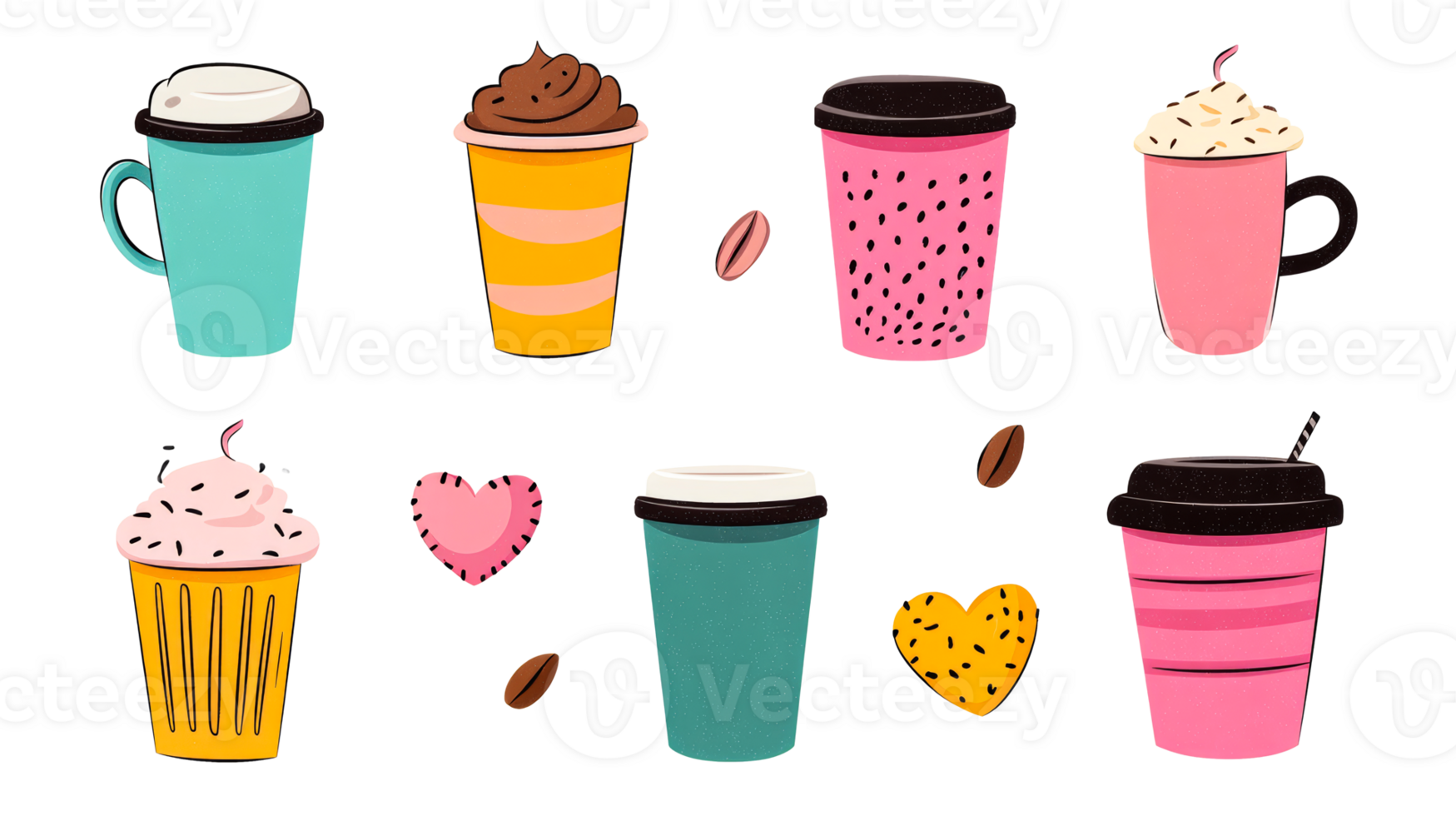 Variety of Coffee and Hearts on Black Background, cut out transparent png