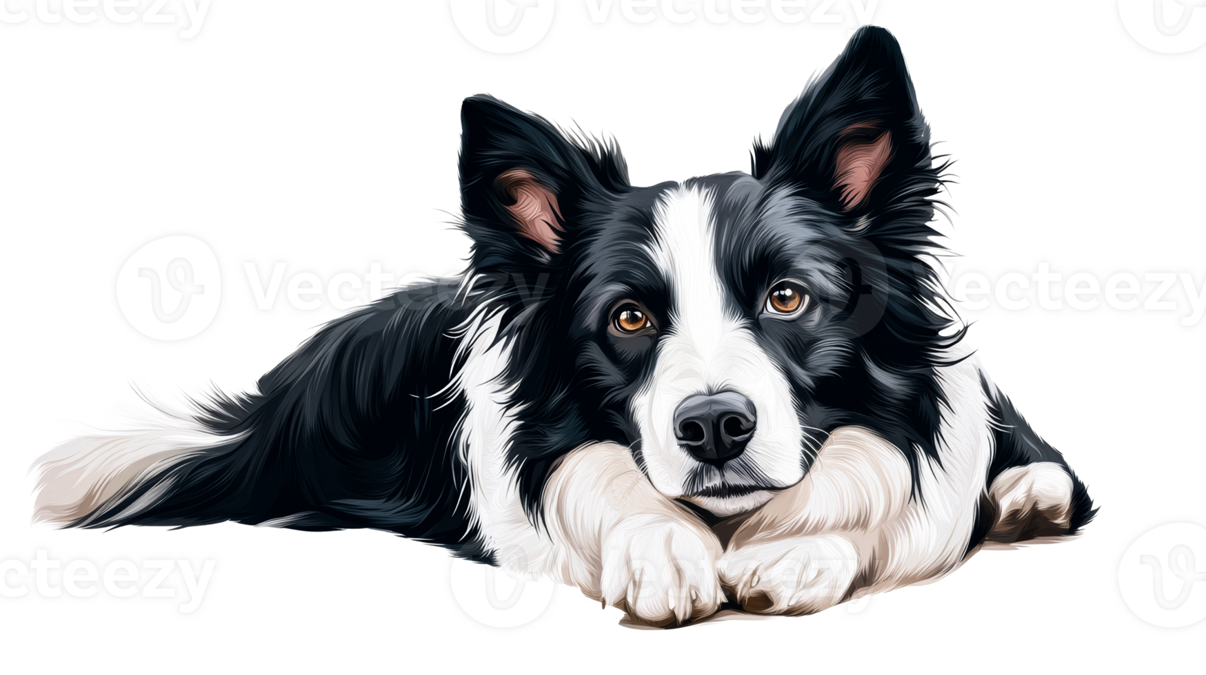 Border Collie dog artwork pet portrait, lying, relax, cut out transparent png