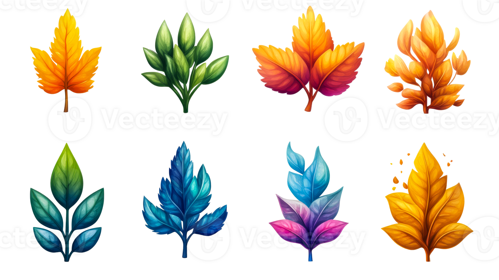 Fantasy leaves set in various colors and shapes, cut out transparent png