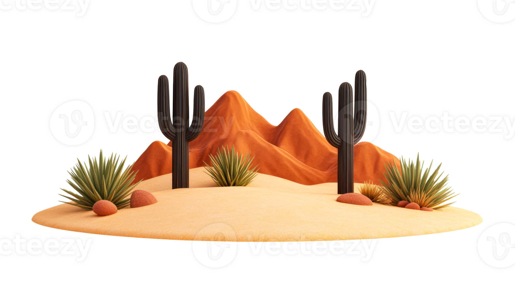 Desert scene with cacti and mountains, arid landscape, cut out transparent png