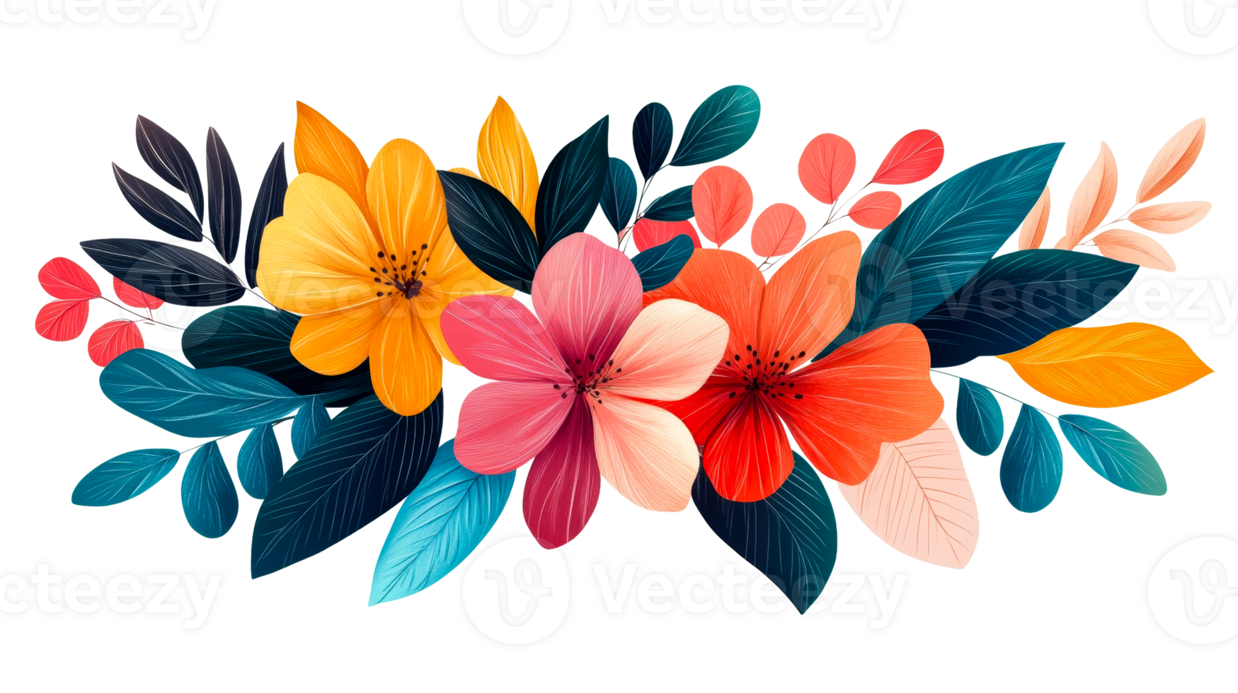 Floral arrangement with colorful flowers and leaves, transparent png