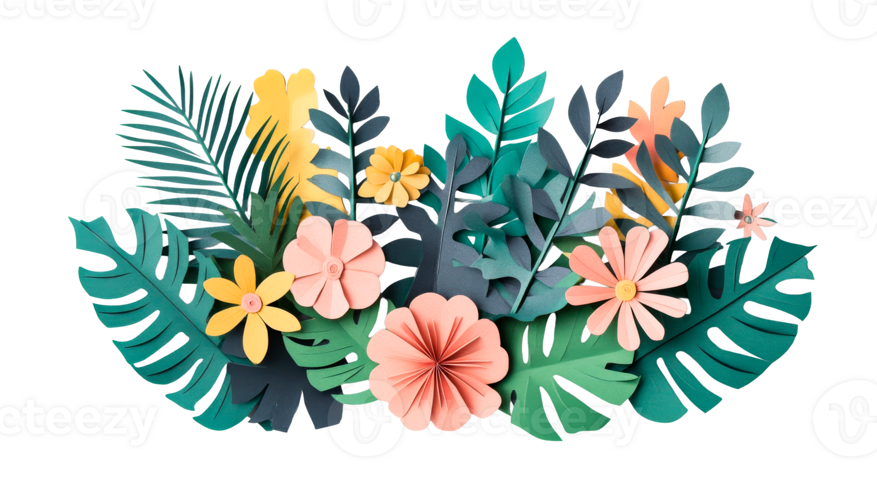 Paper flowers and tropical leaves, vibrant floral arrangement, cut out transparent png