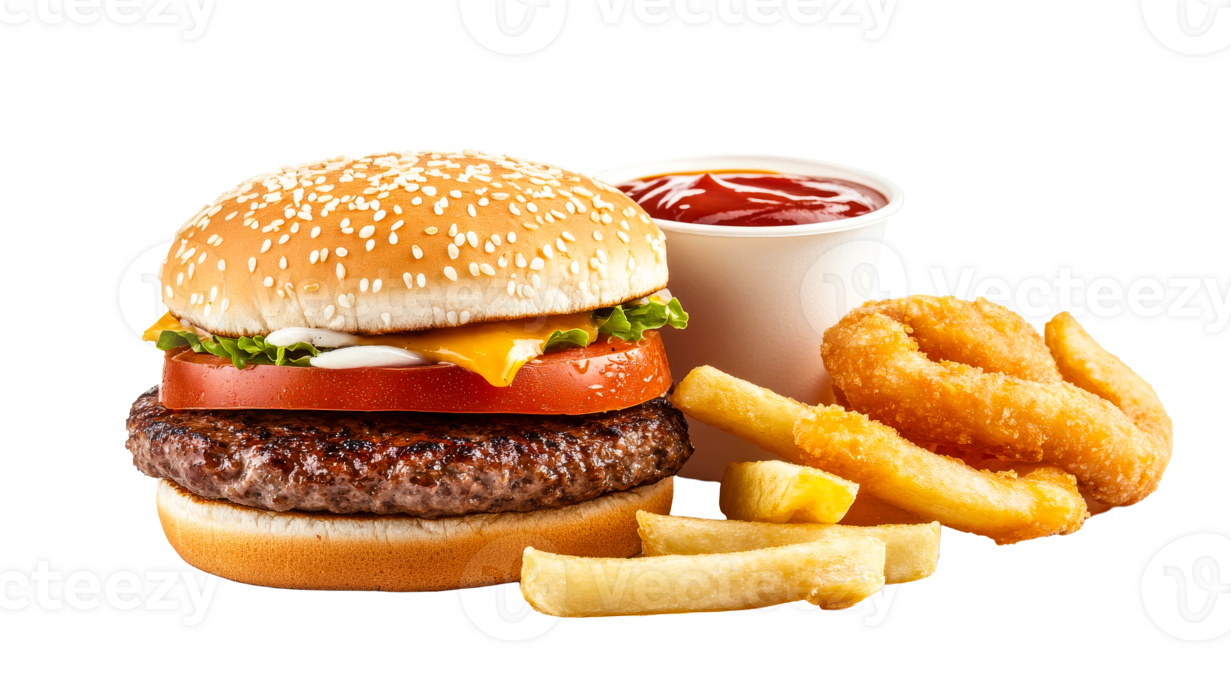 Tasty burger with fries and ketchup, cut out transparent png