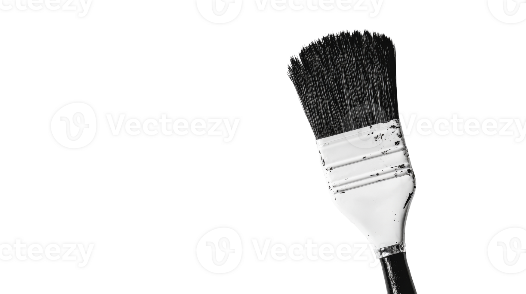 Black and white image of a well-used paint brush, cut out transparent png