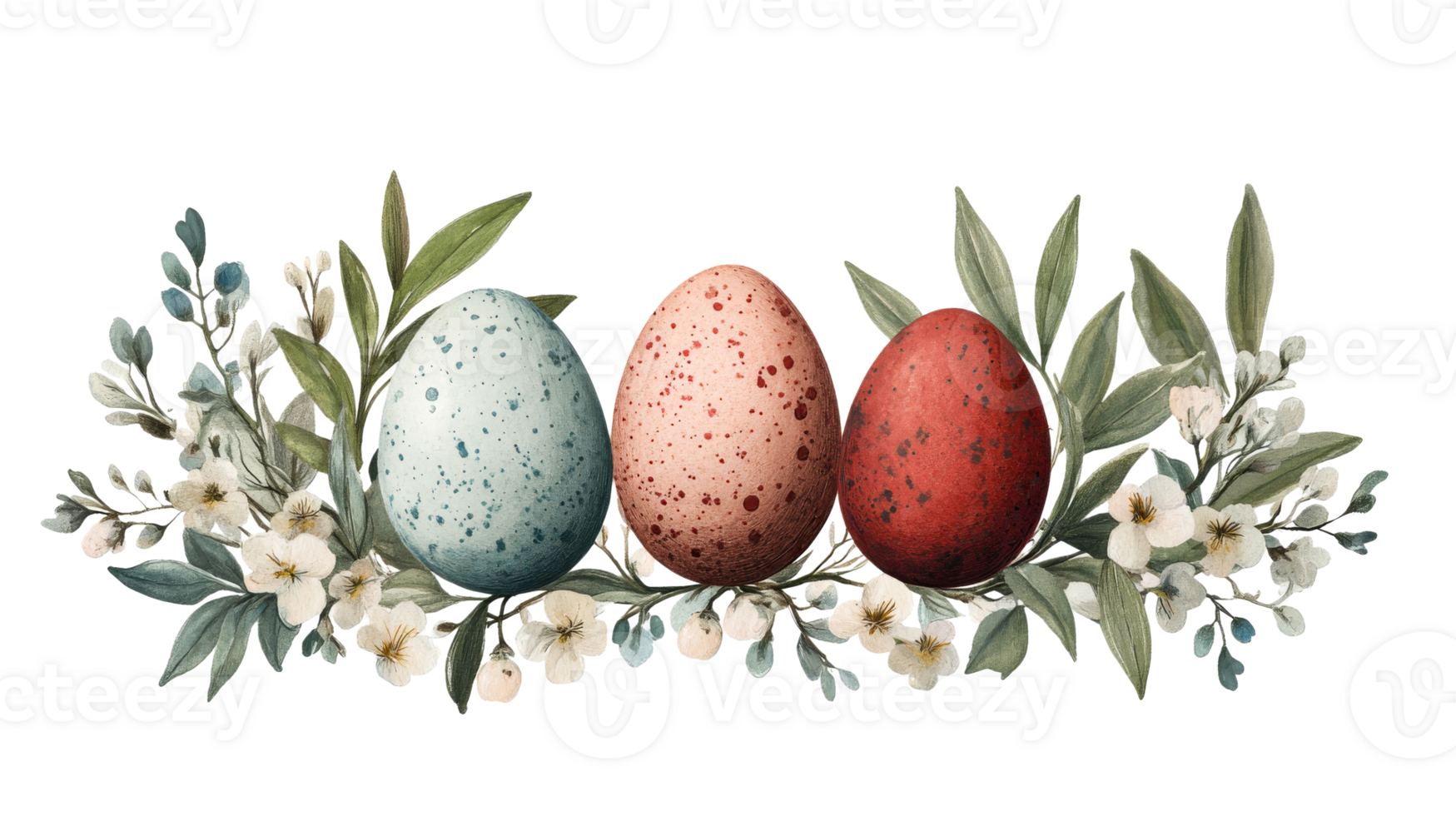 Three speckled eggs amidst delicate floral arrangements, cut out transparent png