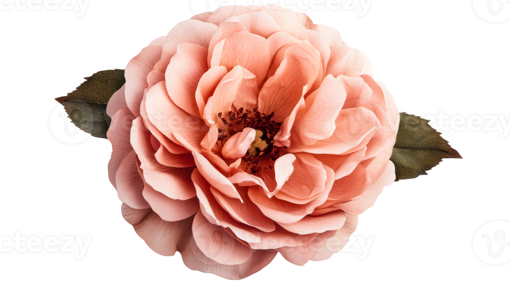 Peach rose blossom with leaves, isolated on black background, cut out transparent png