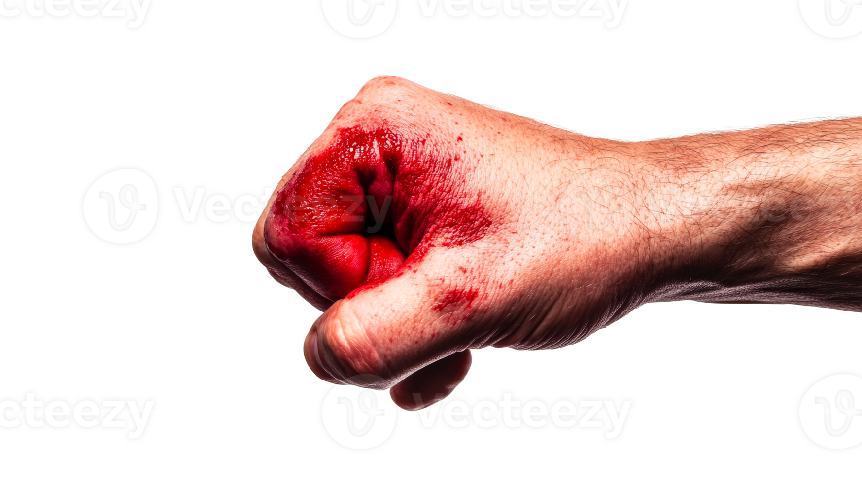 Bloody fist clenching against black background, cut out transparent png