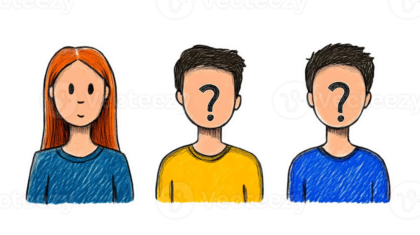 Illustration of three stylized people with question mark face, cut out transparent png