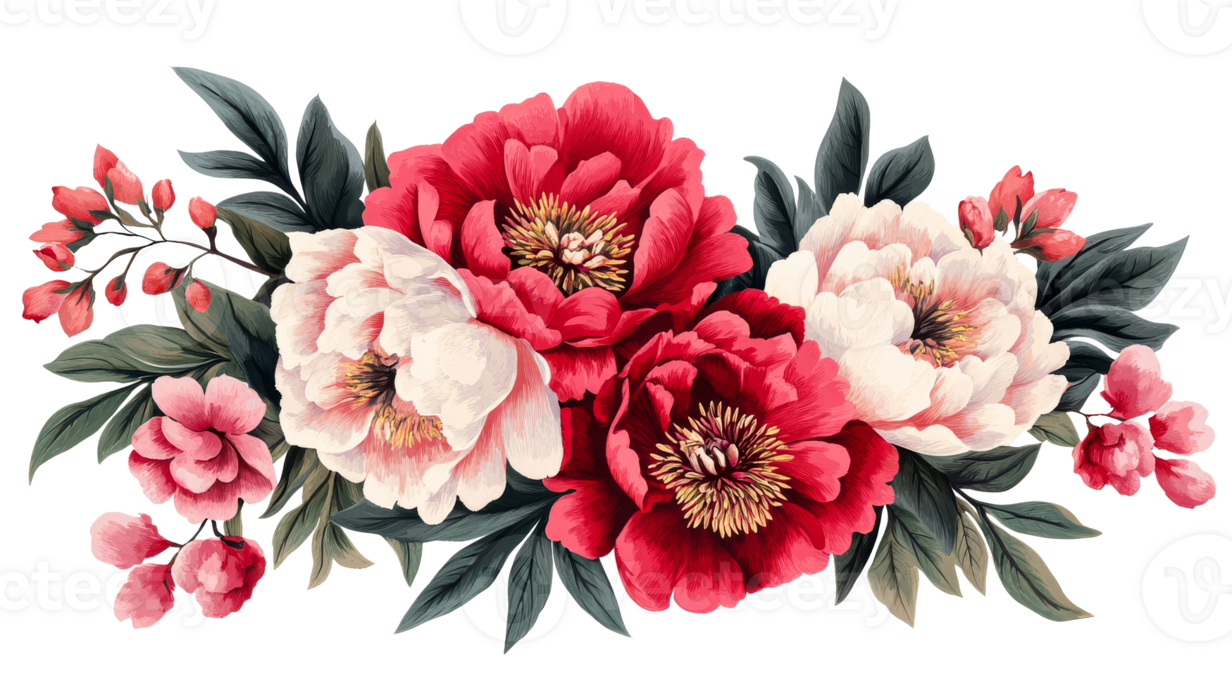 Lush Floral Arrangement with Red and White Peonies, cut out transparent png