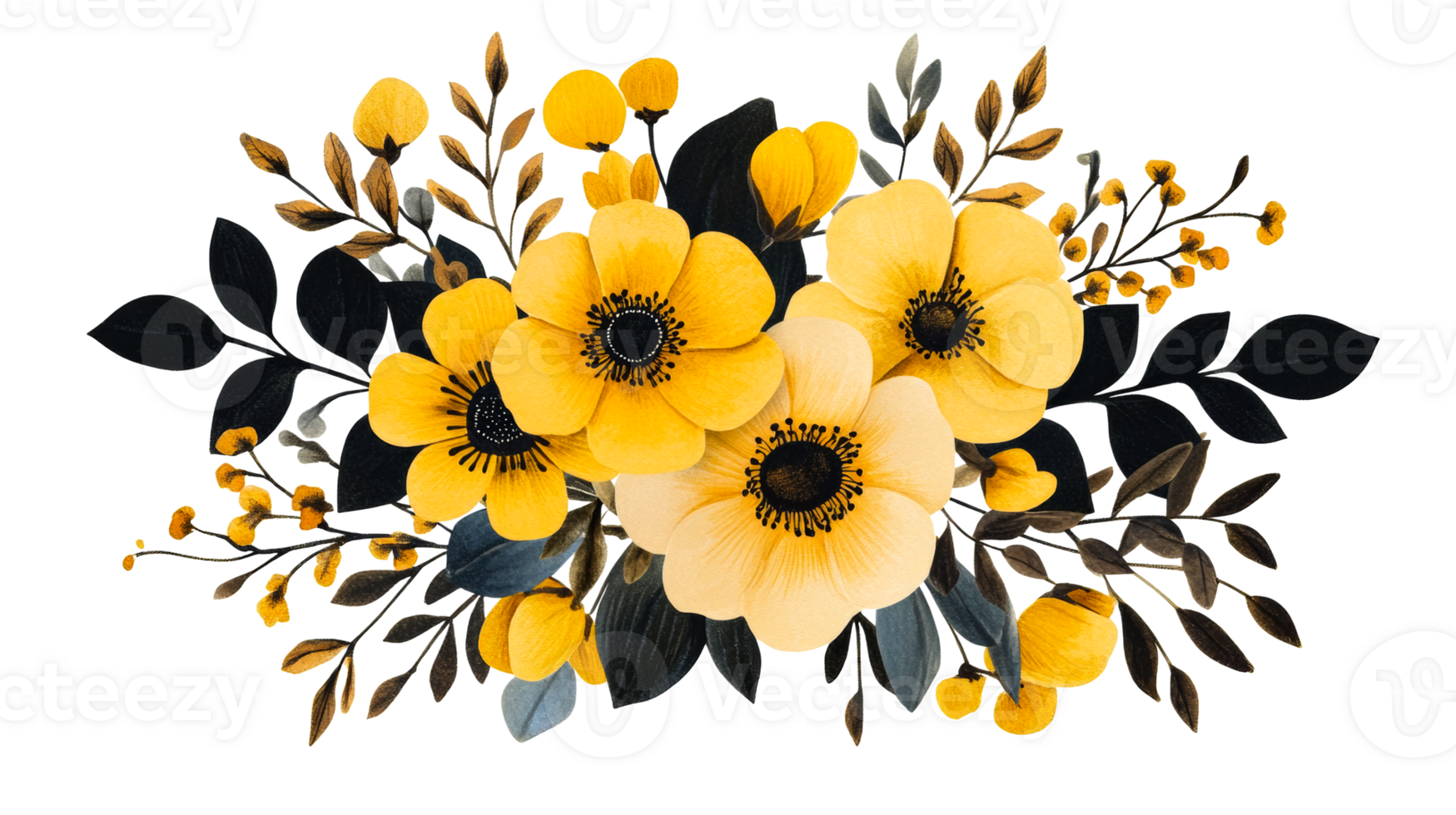 Yellow flowers arrangement on black background, floral artwork, cut out transparent png
