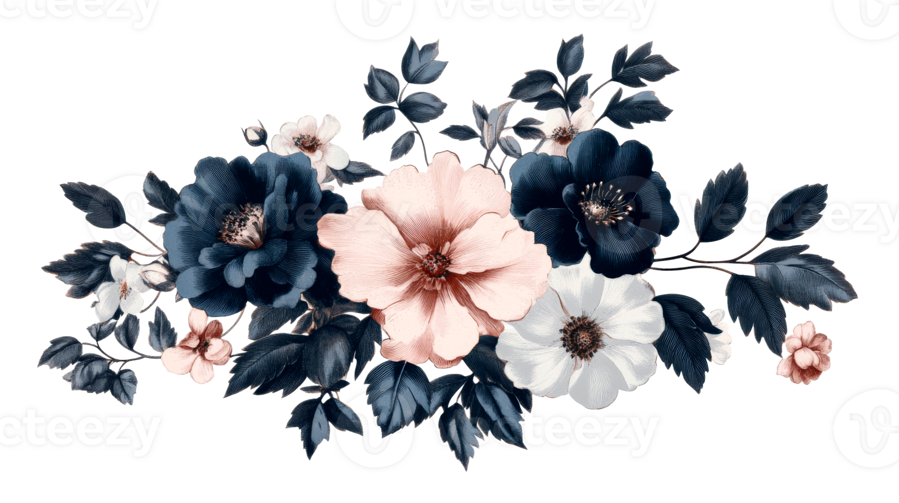 Floral arrangement with roses and leaves on dark background, cut out transparent png