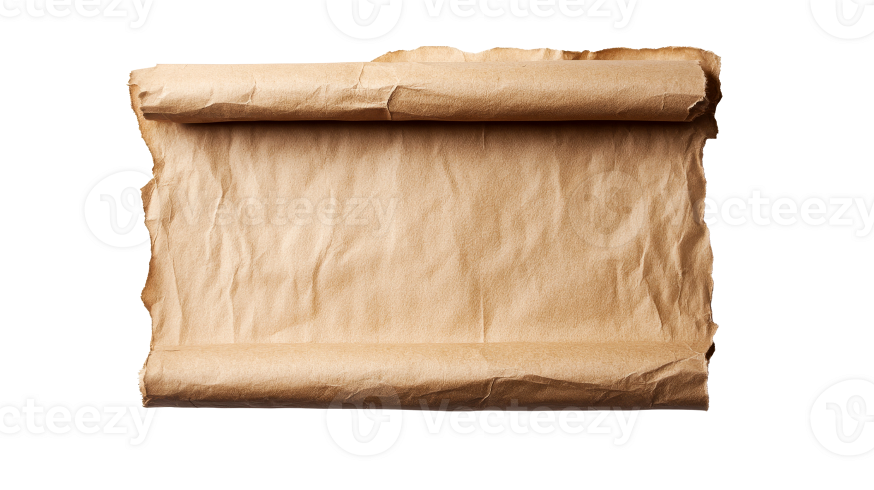 Old parchment scroll paper with rolled edges, ancient document, cut out transparent png