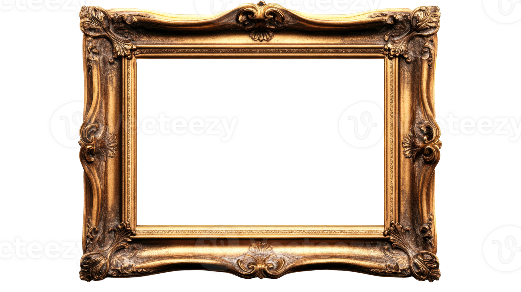 Ornate golden picture frame, antique style, carved details, cut out transparent png