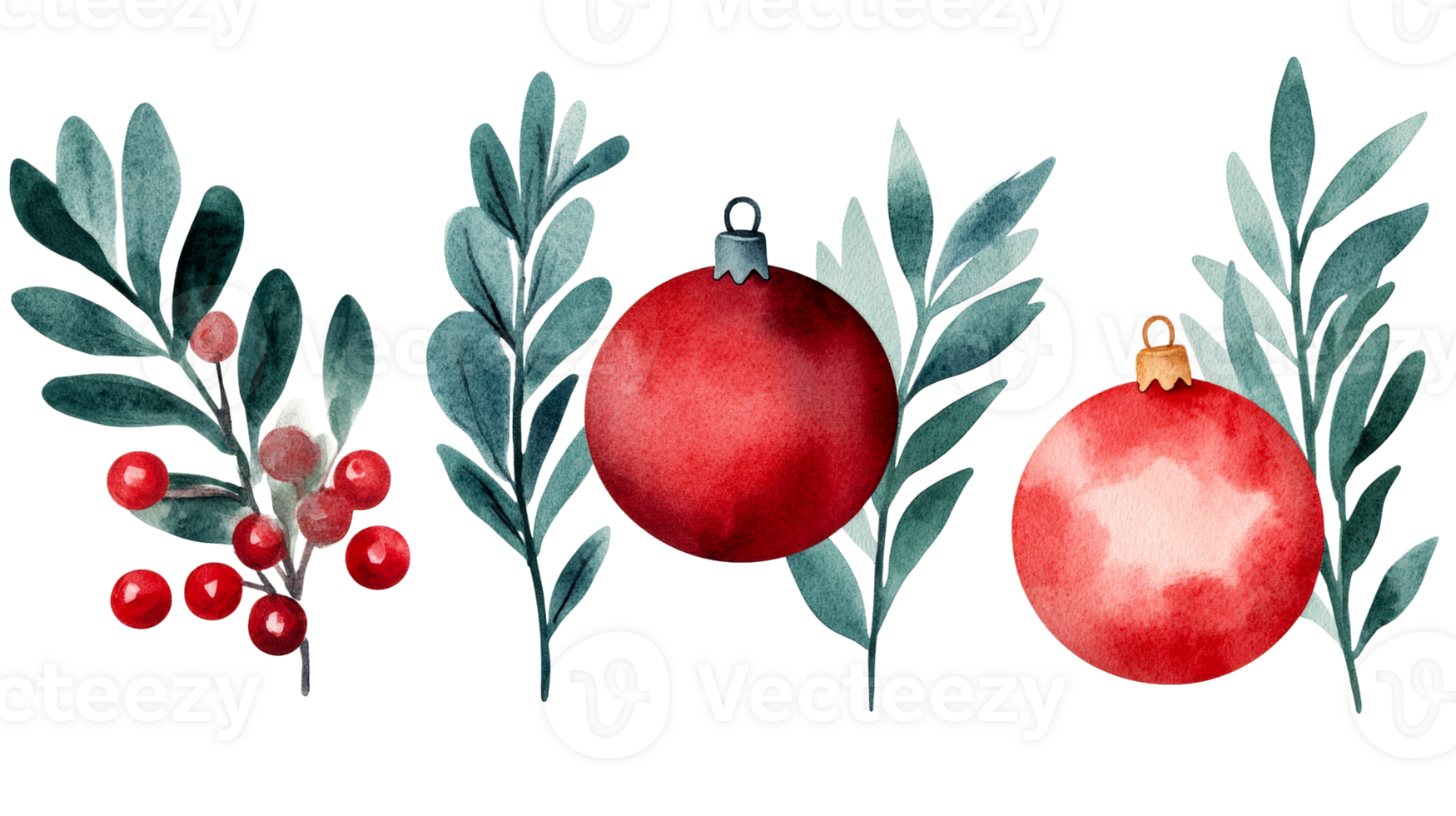 Christmas ornaments watercolor and branches, holiday decoration, cut out transparent png