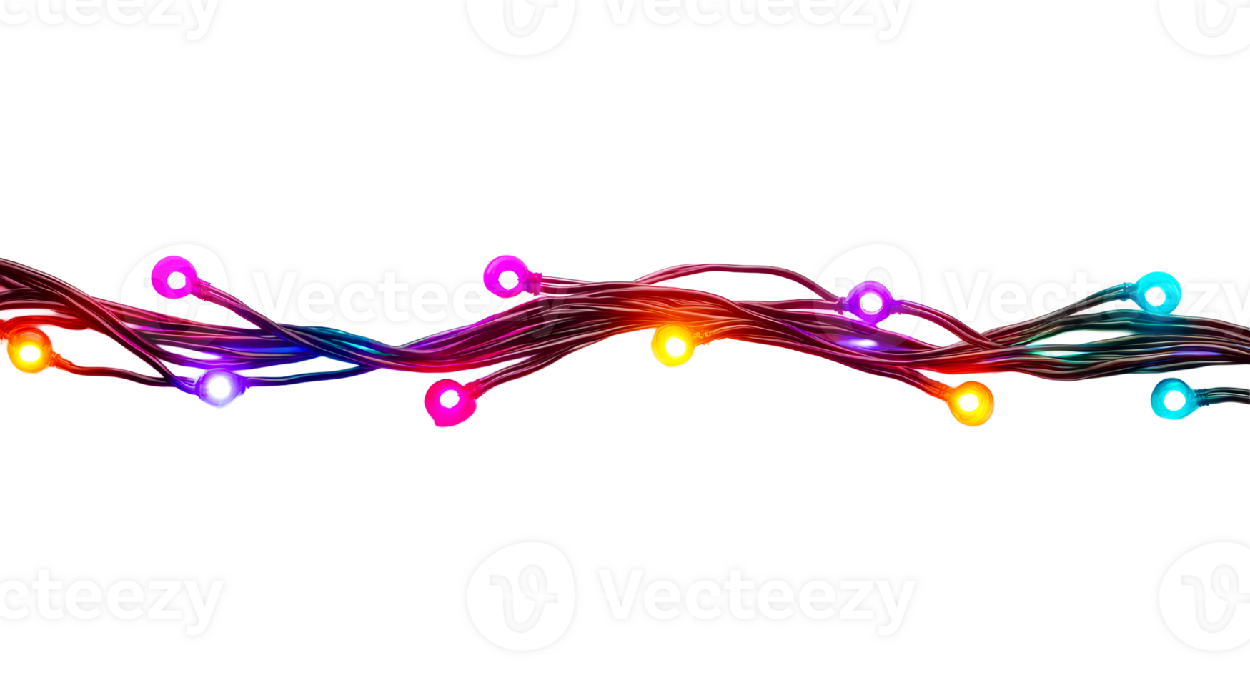 Colorful lights garland, isolated, bright bulbs on a cable, cut out transparent png