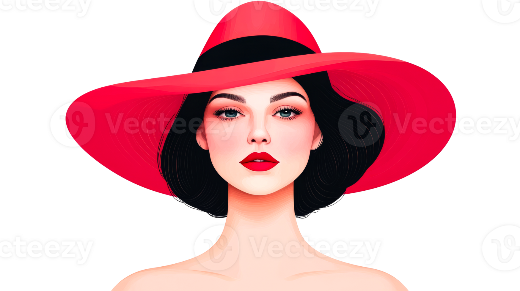 Woman in red hat, fashion portrait with black hair, cut out transparent png