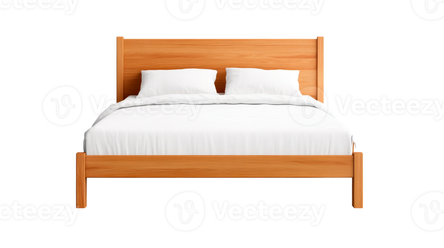 Wooden bed with white linens and pillows, cut out png