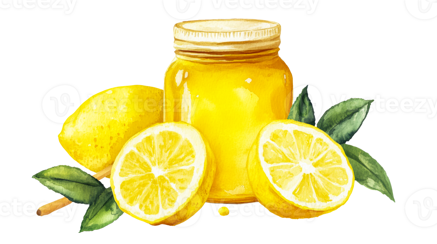 Lemon jam jar with sliced and whole lemons, cut out transparent png