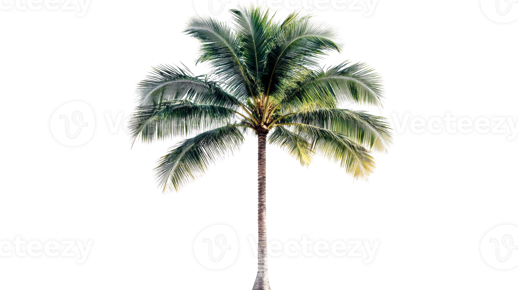 Tall green palm tree isolated against black background, cut out transparent png
