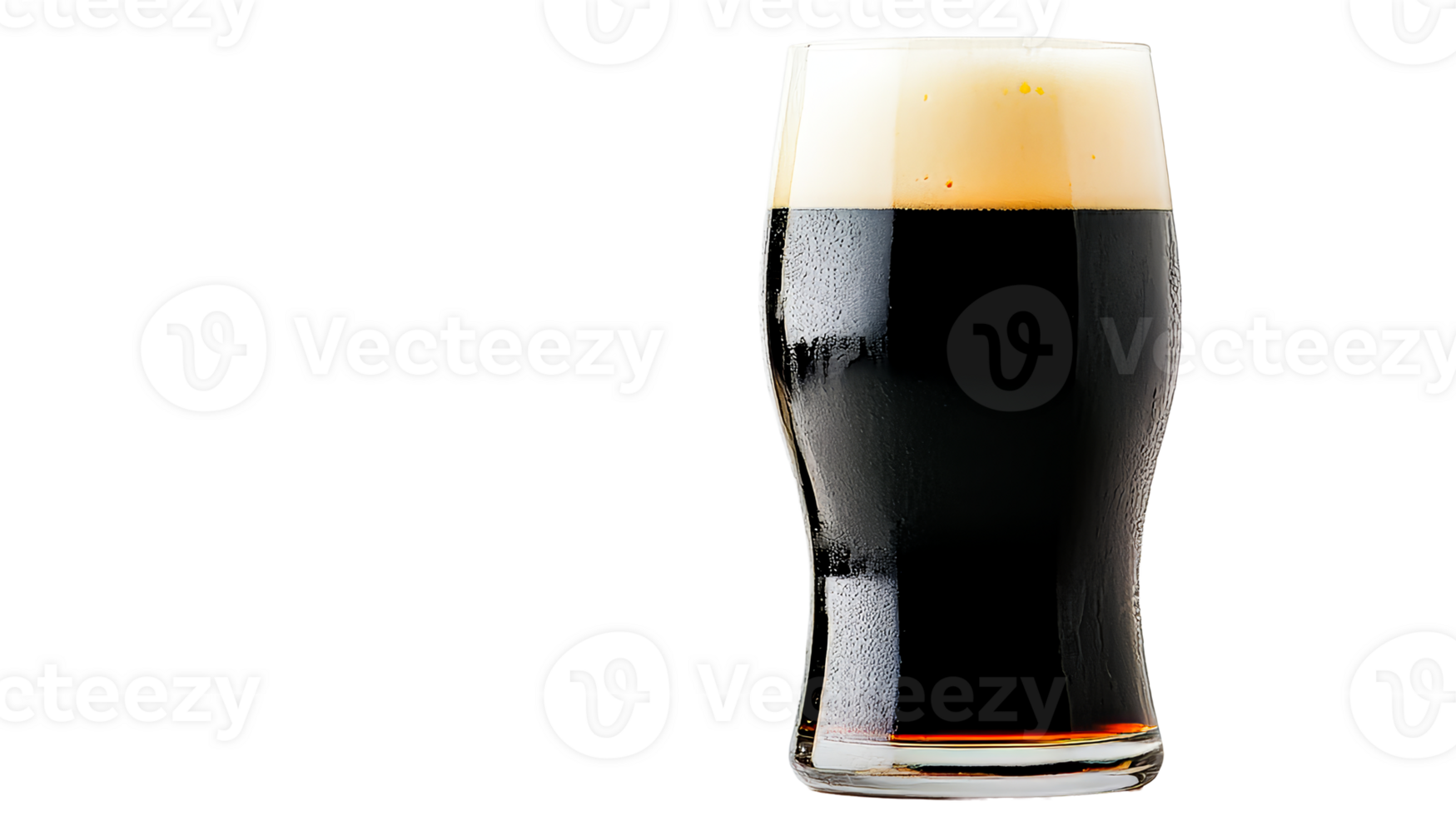 Dark beer with foam in glass on black background, cut out transparent png