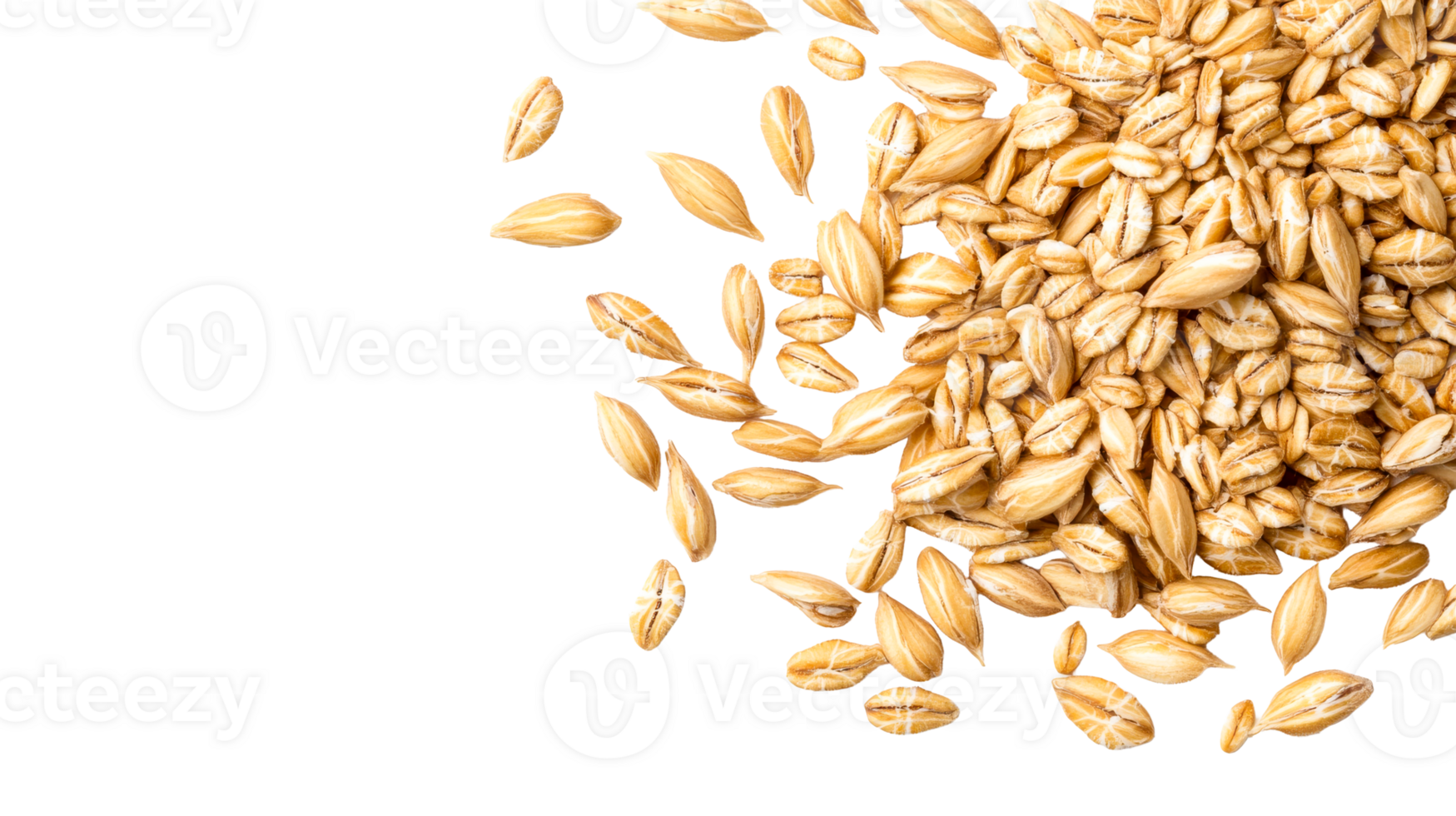 Rolled oats kernels, scattered on black background, cut out transparent png