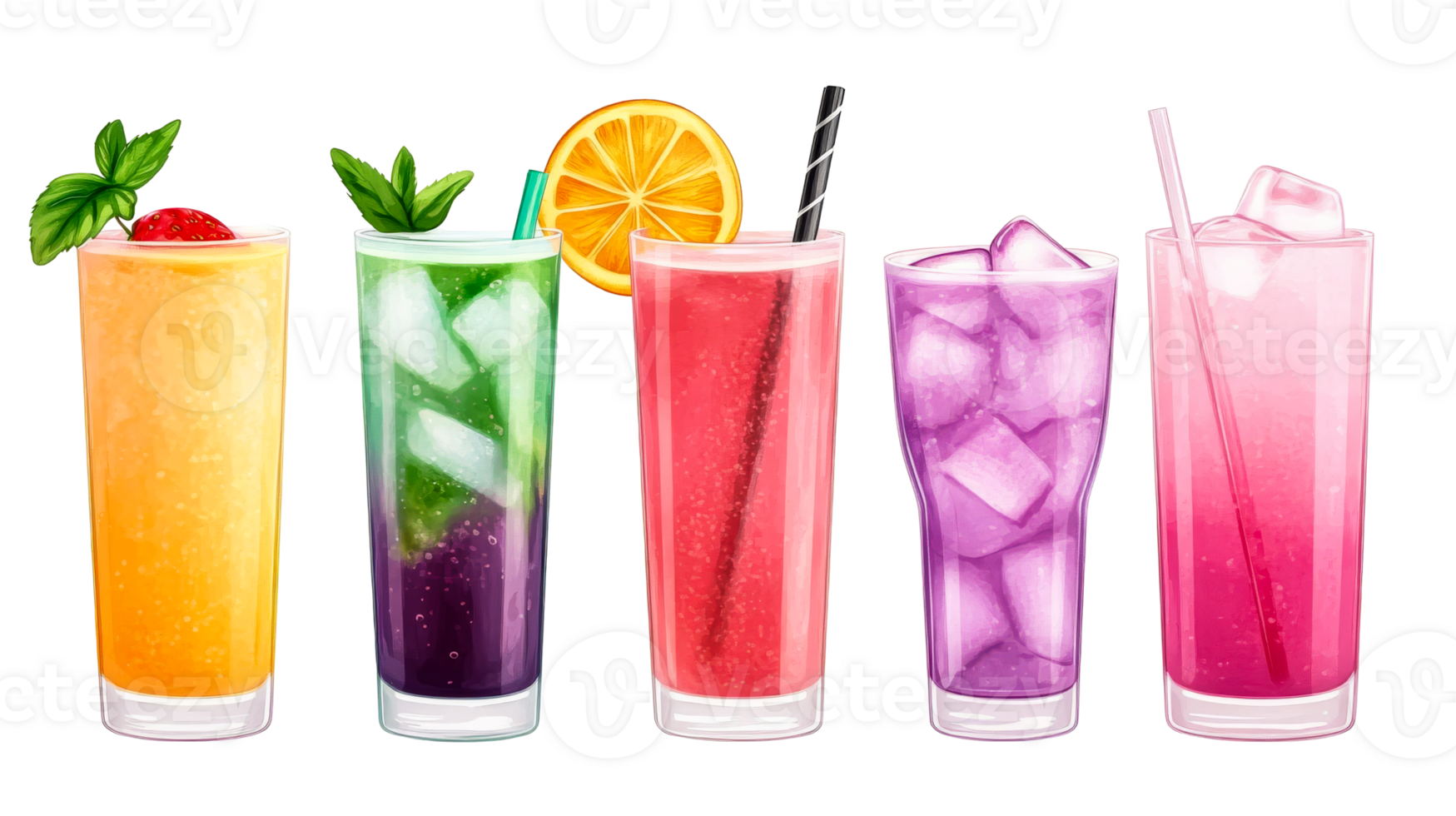 Refreshing colorful drinks assortment with ice, cut out transparent png