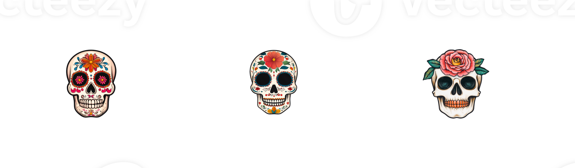 Sugar skulls with flowers, traditional decoration, Mexican holiday, cut out transparent png