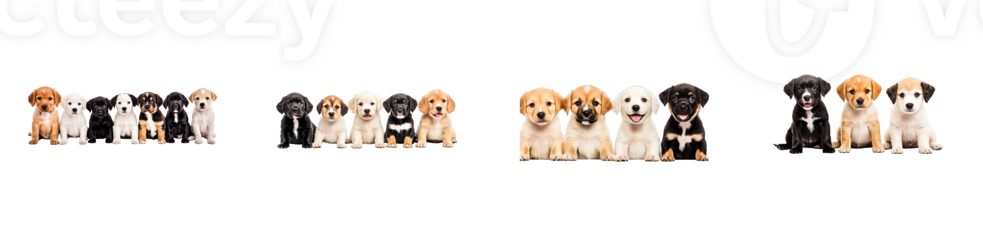 Puppies of different breeds sitting in a row, cut out transparent png