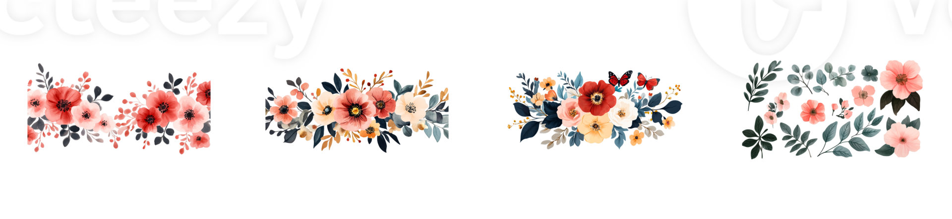Watercolor floral arrangements, floral bouquet elements, blossom, cut out transparent png