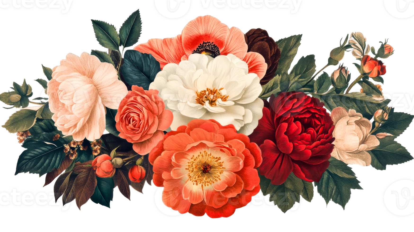 Floral Arrangement of Roses and Poppies, cut out png