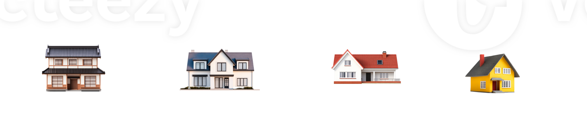 Assorted miniature houses of different styles on a black background, cut out transparent png