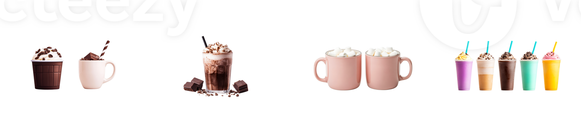 Assorted drinks, chocolate, marshmallows and smoothies, cut out transparent png