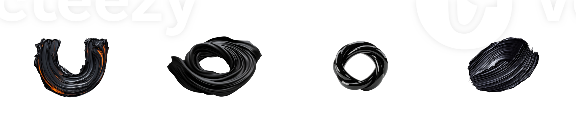 Black abstract design art objects, isolated on black background, cut out transparent png
