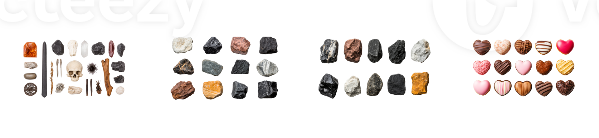 Archaeology remains, minerals, and sweets in rows , cut out transparent png