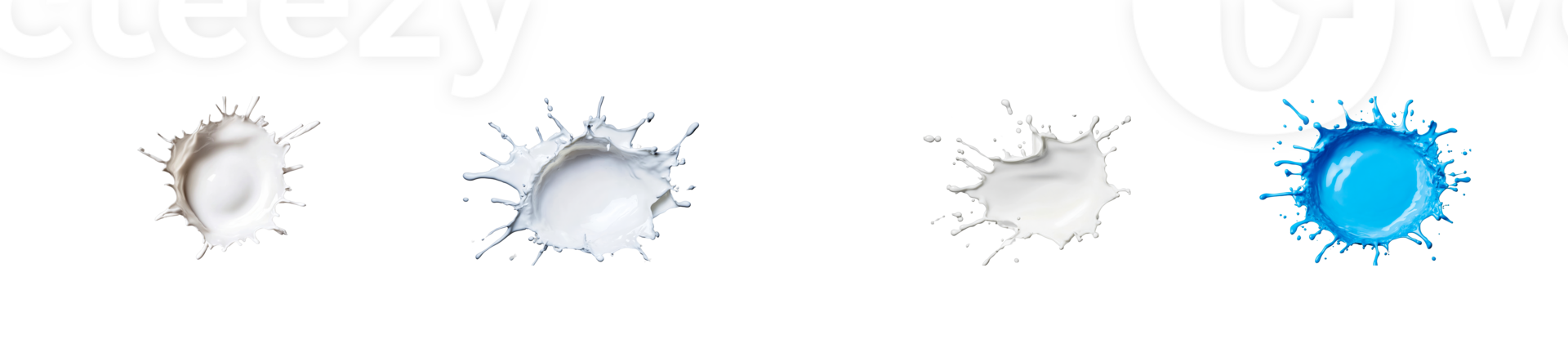 Milk splashes and Blue paint splash close-up, different shapes, cut out transparent png