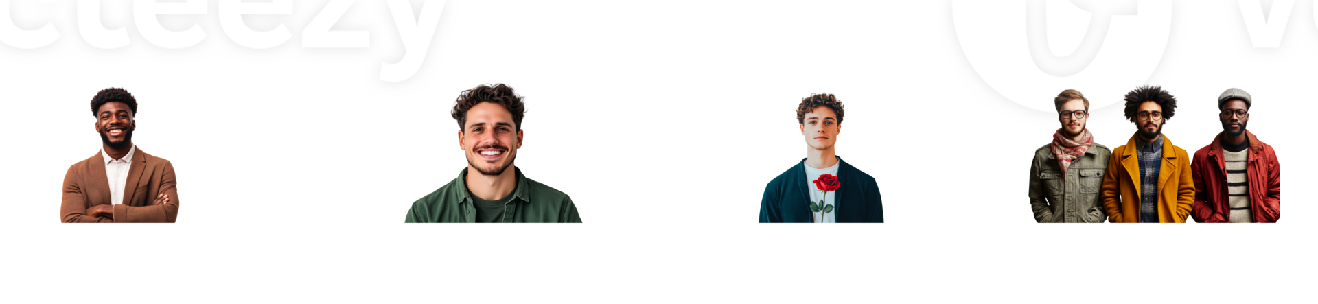 Diverse men with various styles posing, cut out transparent png
