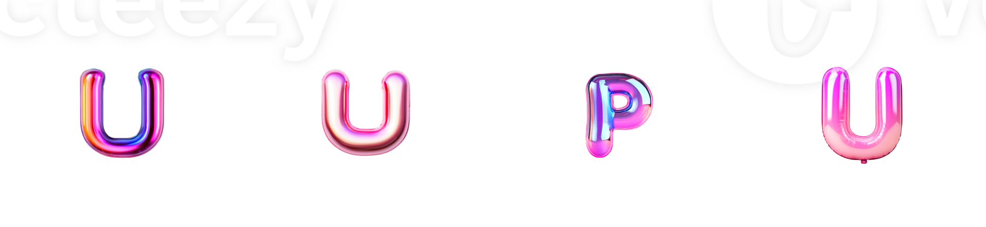 Foil balloon letters spelling UP UP, shiny and iridescent, cut out transparent png