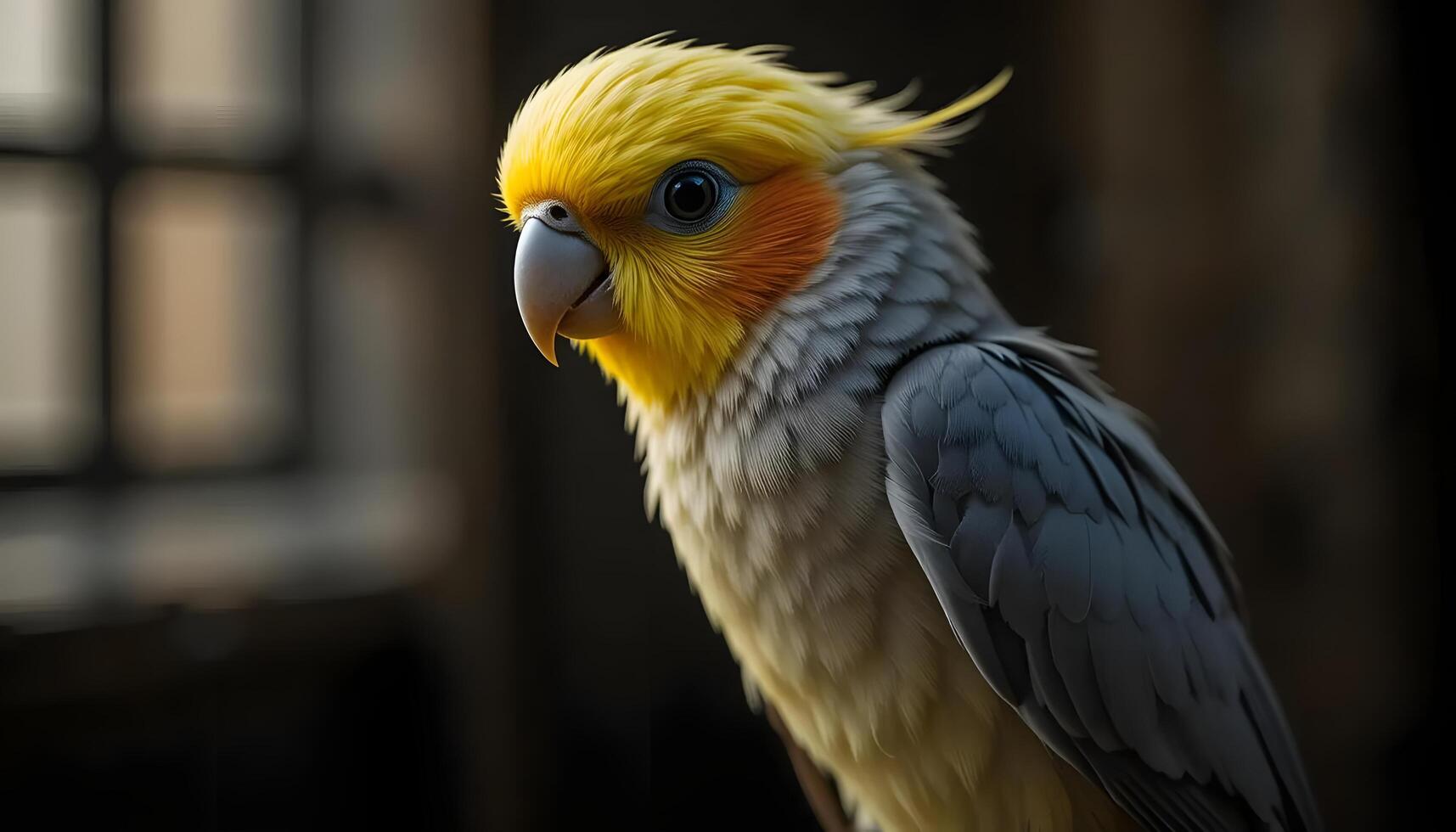 Portrait of a Cockatiel Bird with Yellow Crest and Grey Feathers photo