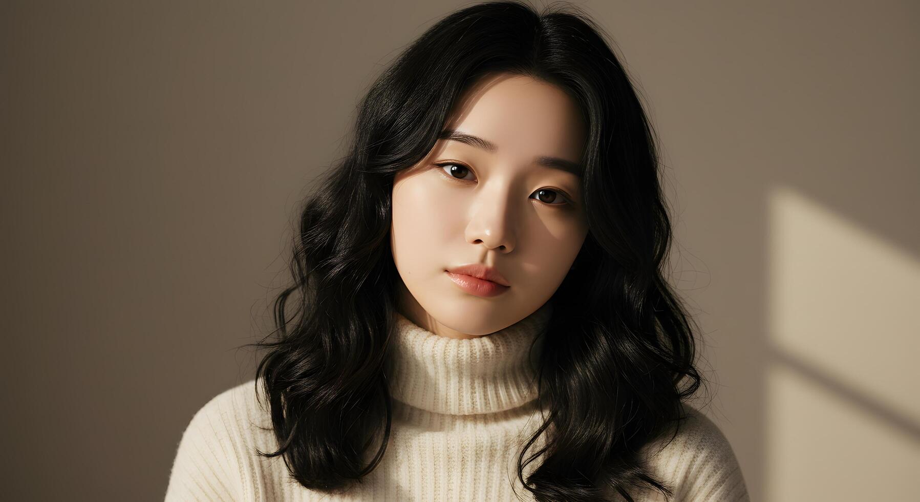 Portrait of Calm Young Woman with Wavy Hair Wearing Sweater photo