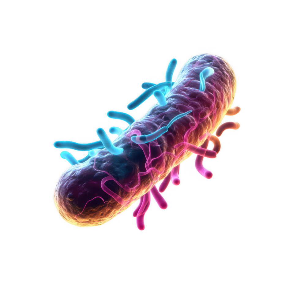 colorful illustration of bacterium showcasing its unique structure and features, emphasizing intricate details of its surface and appendages. This digital art piece captures essence png