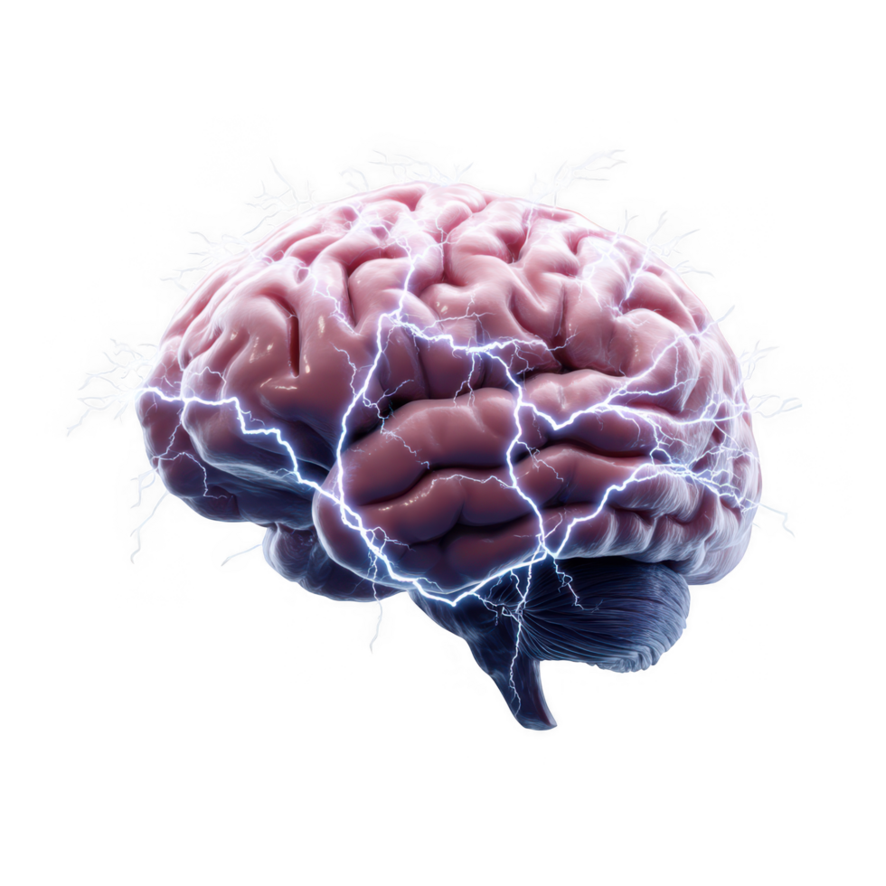 conceptual illustration of brain with electric sparks, symbolizing intense thought or headache. dramatic visual conveys sense of mental strain and creativity png